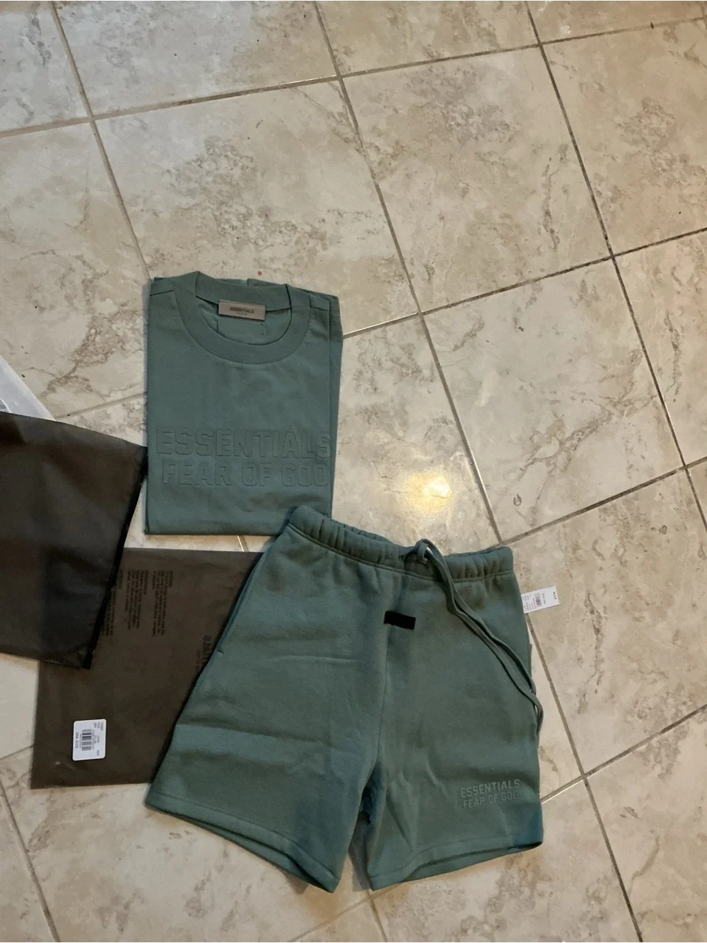 Fear of God ESSENTIALS Olive Green Sweat Shorts & Tee Set